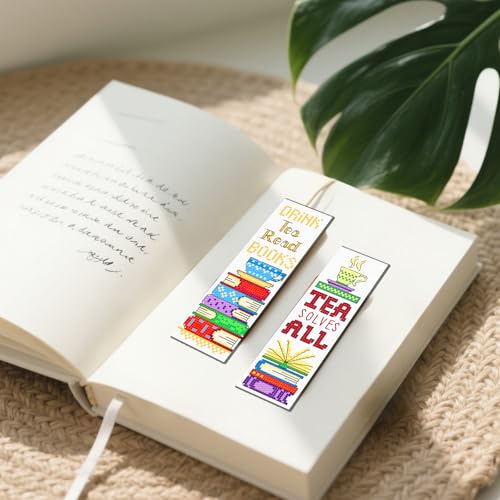 FREEBLOSS 6 Set Cross Stitch Bookmark Kits Book Teacup Pattern Stamped Cross Stitch Kit 11CT Embroidery Kit with Instructions for Beginners 20x6cm/8x2.4inch - style: Traditional