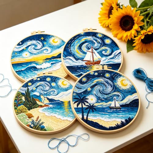 BEUNITONE 4pcs Embroidery Kit, Starry Sky & Beach Stamped Embroidery Kits with Hoop, Thread & Needles, Cross Stitch Kits Sewing Gifts for Adults and Beginners, DIY Craft for Relaxation - style: C-Starry Sky Scenery