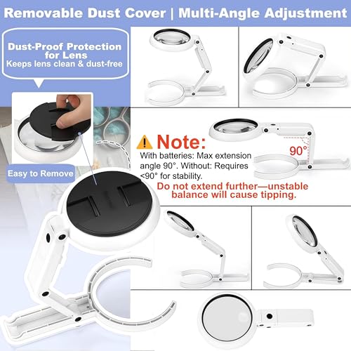 Magnifying Glass with Light and Stand, 3.55 Inch Large Lens with Lightweight Foldable Arm, Illuminated Magnifier with LED & Adjustable Brightness for Seniors Reading, Close Work, Coins, Jewelry