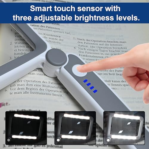 TECHSHARE 4X Rechargeable Magnifying Glass with Light, Large Rectangular Glass Lens, 10 LEDs, 3 Brightness Levels, USB-C Foldable Magnifier for Reading Books, Bible, Small Print, Seniors