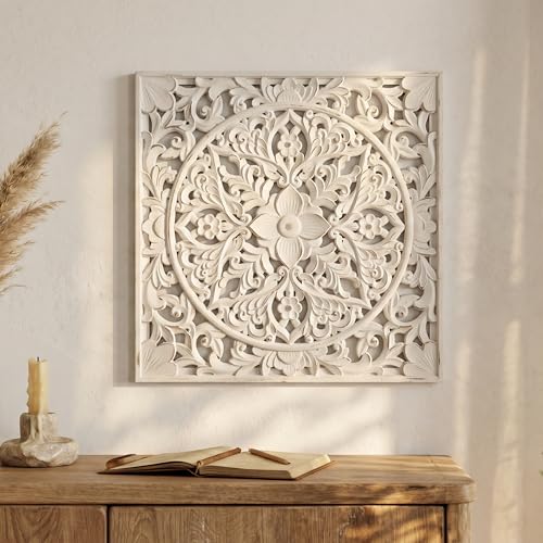 XIAOAIKA Boho Carved Wood Wall Art Panel, Floral Mandala, Distressed White - color: Distressed White