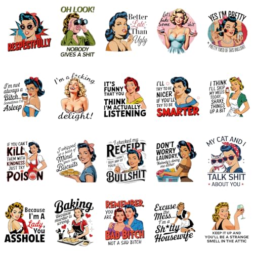 Dtf Transfers Ready to Press - 20Pcs Sassy Retro Housewife Iron on Transfers 1950s Sarcastic Housewife Iron on Decals Vintage Sarcastic Heat Transfer Vinyl Stickers for Clothing Pillows Bag DIY Crafts - color: Retro Housewife