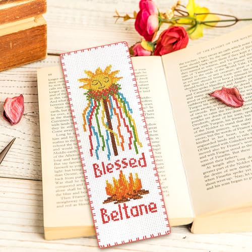 Povitrulya Cross Stitch Bookmark Kit Wheel of the Year: Beltane – Counted DIY Embroidery Set for Adults & Beginners, Pagan May Day Fire Festival Wiccan Floral Gift - color: Beltane