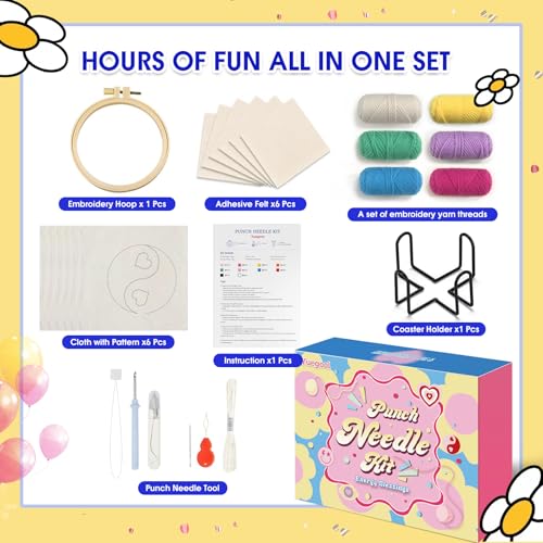 yuegool 6PCS Energy Punch Needle Coasters Kit,Easy DIY Punch Needle Embroidery Kit for Beginners Adults Kids Including Patterns, Tools, Yarns, Hoop, Instruction, Coaster Holder Art Craft Supplies - color: energy blessings, size: 4-inch diameter