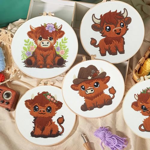 Kuabiz 5 Sets Highland Cow Embroidery Kits for Beginners Cross Stitch Kit for Adults Highland Cow Pattern Embroidery Starter Kit Embroiderys Hoop Needlepoint Kits with Instruction Needles Threads - style: Highland Cow