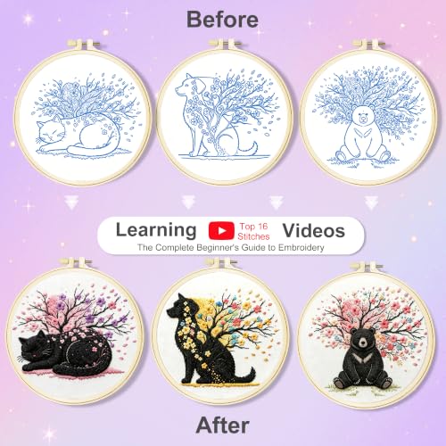 Huacan Embroidery Kit for Adults Beginners with 3 Hoops & Gift Box - color: Cherry Blossom Animals