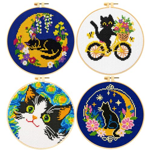 Zhenqing 4 Pack Cat Stamped Cross Stitch Kit for Beginners - color: 4 Pack Cat