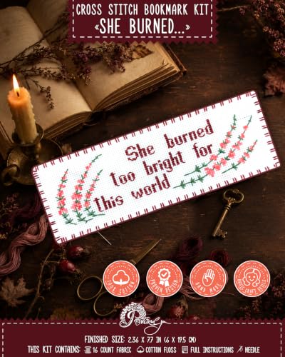 Povitrulya Wuthering Heights Bookmark Kit – She Burned Too Bright for This World Quote Cross Stitch, Gothic Literary Gift for Book Lovers, Emily Brontë Counted Embroidery Set, 16 Count Aida - color: "She Burned…"