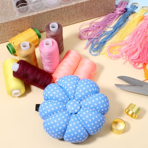 Wrist Pin Cushion for Sewing with 2 Gold Thimbles, Cute Pumpkin Needle Pincushion with Elastic Strap for Quilting, Embroidery, Needlework, DIY Crafts (Blue)