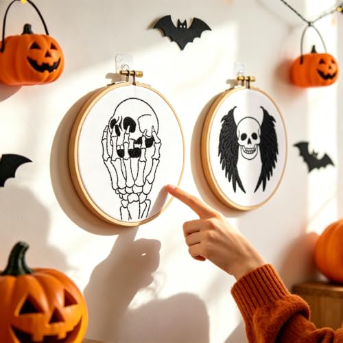 Skull Halloween Embroidery Kits for Beginners Adults, Gothic Embroidery Sets Needlepoint Kits, Halloween Stamped Cross Stitch Kits for Beginners Adults, 2 Embroidery Hoops (Attached Video Tutorial) - color: Halloween-1, size: 8inch