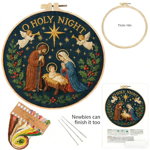 BoAn Nativity Embroidery Kit for Adults, DIY Cross Stitch Kit with Hoop - color: shengjing-2