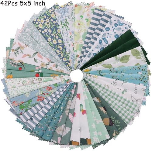 Nodsaw Charm Packs for Quilting 5 inch - 42 Charm Squares for Quilting 5x5 - Green Cotton Fabric Quilt Squares 5" x 5" for Sewing, Patchwork Quilts, and DIY Crafts - color: Green