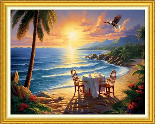 Funchey Stamped Cross Stitch Kits, DIY Cross Stitch Pattern for Adults Beginners Needlepoint Kits Embroidery Kit Arts and Crafts 11CT-Seaside Scenery 16x20 inch - color: Handicraft patterns21