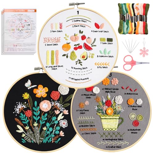 Santune 3 Pack Beginner Embroidery Kits for Adults DIY Starter Kit with 33 Stitch Techniques, Stamped Patterns, Embroidery Hoop, Colorful Threads,Stitch Video Tutorial - color: Practice Patterns