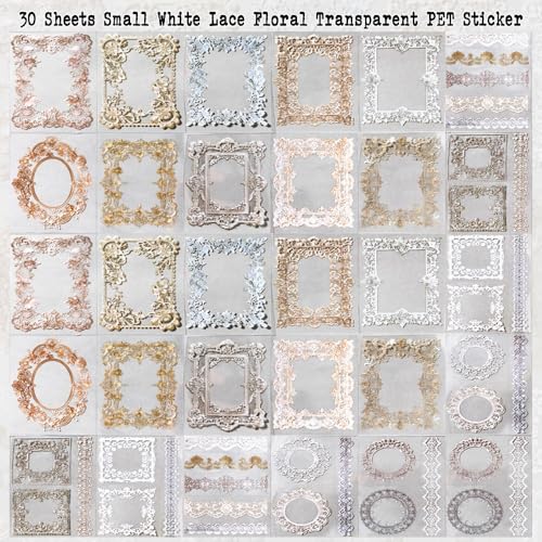 Lace Stickers for Scrapbooking, 30 Sheets Scrapbook Stickers Book for Wedding Invitations, Bridal Scrapbook Supplies, Transparent PET Stickers for Junk Journaling, Vintage Lace Aesthetic - color: Retro-style Lace