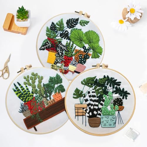 LB 3 Pack Green Plant Leaf Embroidery Kit for Beginners Succulent Cactus Beginner Embroidery Kit for Adults DIY Starter Kit with Embroidery Hoop Colorful Threads Tools - color: Black