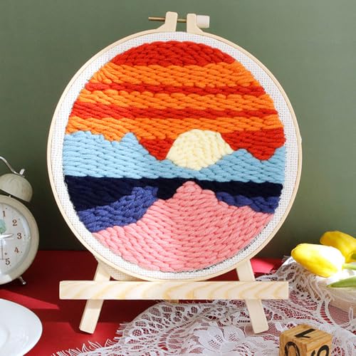 Woohome Punch Needle Kit Included Plastic Hoops, Punch Needle Cloth, Color Yarn and Punch Needle Tools for Adults, Beginners (Lighthouse and Sunset) - color: Color 27