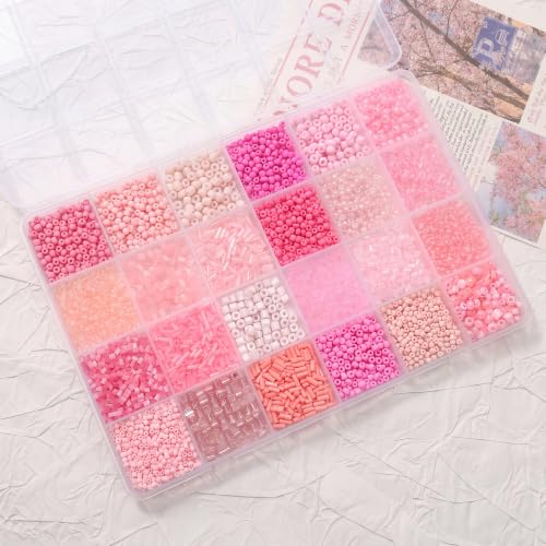 24 Grid Pink Glass Seed Bugle Tube Beads Kit for Jewelry Making DIY Craft - color: pink, size: 24 Grid