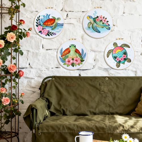 BEUNITONE 4 Sets Sea Turtle Embroidery Kits for Beginners DIY Craft Kits for Adults with Printed Patterns, Hoops and Instructions, Hibiscus Flower Needlepoint Kits for Clothing and Home Decor - style: A-Sea Turtle