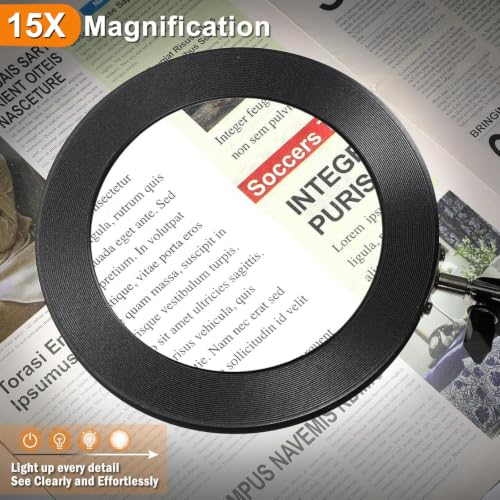 Large 15X Magnifying Glass with Light, 5 in Real Glass Stand Lighted Magnifier, 3 Color Modes Steepless Dimmable LED Magnifying Desk Lamp with Clamp, Hands Free for Close Work Crafts Hobby
