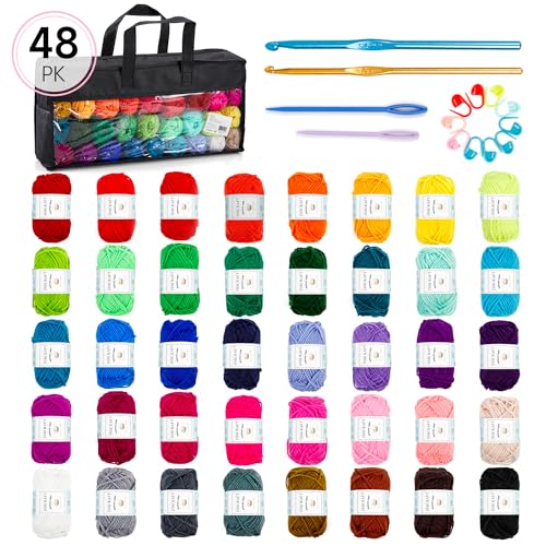 INSCRAFT 48 PCS Crochet Yarn Kit, 1400 Yards 40 Colors Acrylic Yarn Skeins, 2 Crochet Hooks, 2 Weaving Needles, 4 Stitch Markers, 1 Bag, for Crocheting & Knitting, Gift for Beginners and Adults - size: 48 Pieces with Bag