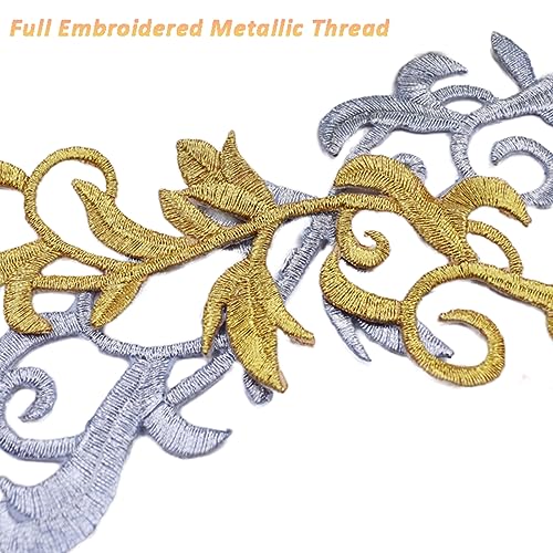6 Pieces Metallic Leaves Embroidered Iron on Patch Flower Vine Border Lace Applique Long Scroll Motif for Dress Pillow Sewing Accessories Embellishment (Silver) - color: Silver