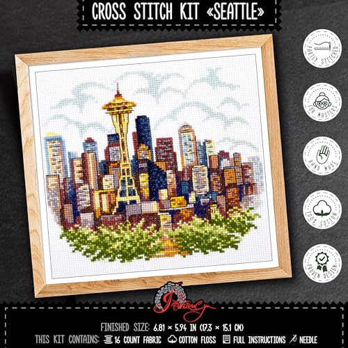 Povitrulya Counted Cross Stitch Kit for Adults “Seattle” - Cityscape Hand Embroidery Set with Paper Pattern, 14 Count Aida Cloth and Pre-Sorted Cotton Floss