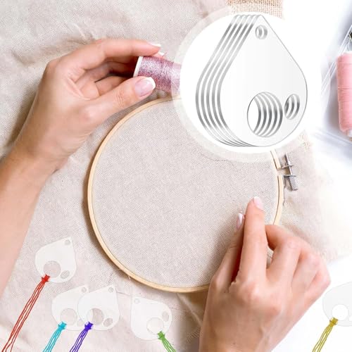 50Pcs Acrylic Embroidery Floss Organizer with 1Pc Hinged Ring, 50x43x2.5mm Slim Thread Bobbins for DIY Sewing & Craft Projects (Teardrop)