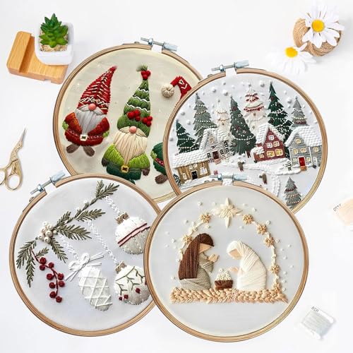 LB Christmas Embroidery Kit for Beginners: 4-Piece Cross Stitch Set with Green Plant, White Snowflake & Gnomes | Adults DIY Starter Kit Includes Hoop, Threads and Tools - color: White and Green