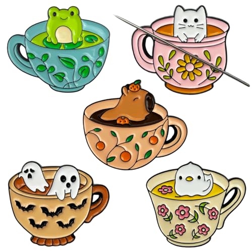 5pcs Cute Enamel Needle Minder Set, Cartoon Teacup - size: 5pcs Teacup
