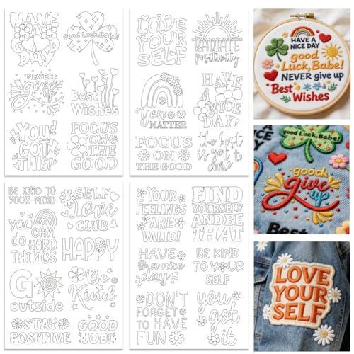 ORIGACH 4 Sheets 26 Pcs Water Soluble Embroidery Patterns Stabilizers - Pre-Printed Inspirational Quotes & Floral Designs - Stick & Stitch Embroidery Paper for Hand Sewing Lovers - color: Inspirational Quotes & Floral