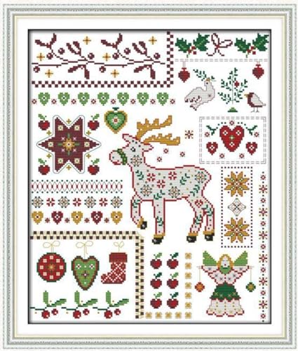 Rosyfoxes Cross Stitch Kits Stamped Full Range of Embroidery Starter Kits for Beginners DIY 11CT 3 Strands - Printed kit Santa Elk with Dolls (Printed) 16.9x20.1 inches - color: Santa elk with dolls(printed)16.9x20.1inches