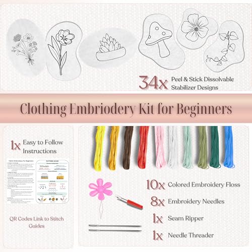 Easy Clothing Embroidery Kit - 34 Water Soluble Stick & Stitch Designs - Embroidery Kit for Clothes Starter Pack, Beginners All Inclusive Kit for Clothing Embroidery