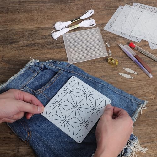 70 Pcs Sashiko Stencil Kit Plastic Sashiko Embroidery with Threads