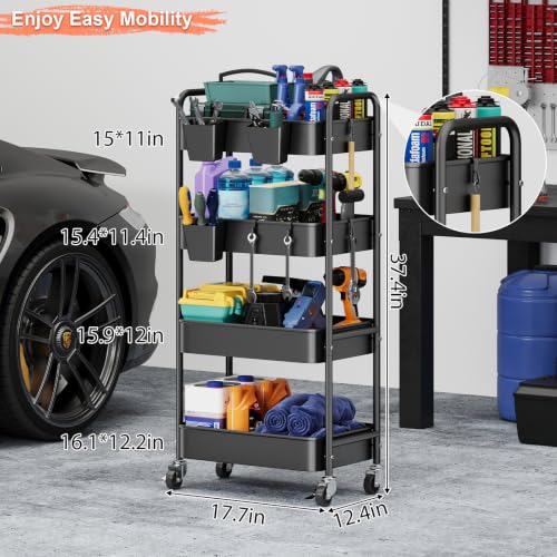 4 Tier Rolling Cart Metal with Wheels, Black Storage Carts,38in Tall - color: Matte Black, size: 4 Tier + Cups + Hooks