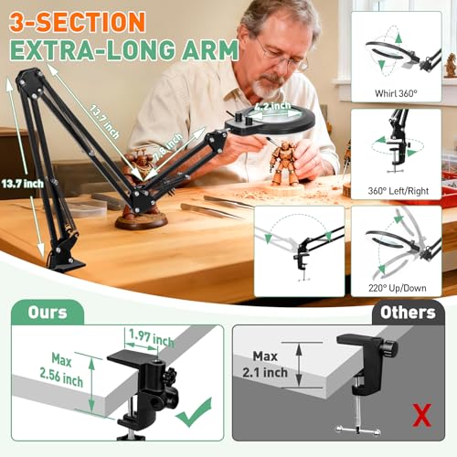 Magnifying Glass with Light, Overhead Knob Magnifier Lamp 12X - size: 12X 35in Adjustable Arm