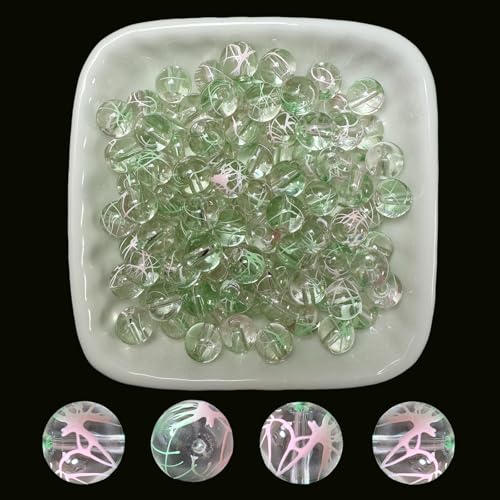 8mm Hand-Drawn Glass Beads Bulk 200pcs Pink Green Round - color: Green&Pink 8mm
