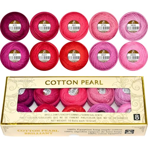 Double Mercerized Egyptian Long Staple Cotton Pearl Thread Ball 10 Grams Rainbow Color Embroidery Thread 10 Colors per Box for Crochet Hardanger Cross Stitch Hand Embroidery,red Series - color: red series