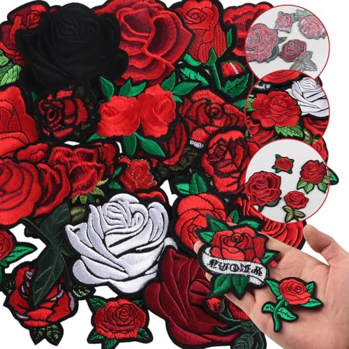 28 Pcs Rose Iron on Patches Flower Embroidery Applique Patches for Clothing - color: 28PCS Rose