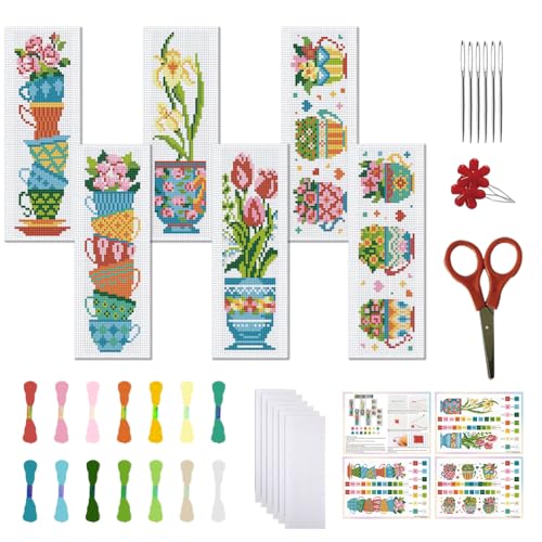 FREEBLOSS 6PCS Cross Stitch Bookmark Kit Tea Cup Pattern Cross Stitch Bookmarks Kit for Beginner DIY Stamped Embroidery Bookmark Kit DIY Bookmarks Cross Stitch Kits for Beginners - style: Tea cup flowers