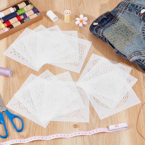 BENECREAT 12Pcs Plastic Sashiko Stencil, 5x5inch Dense Grid Pattern Embroidery Tool Drawing Line Template for Hand Quilting and Embroidery, 0.3mm Thick - style: Dense Grid Patterns