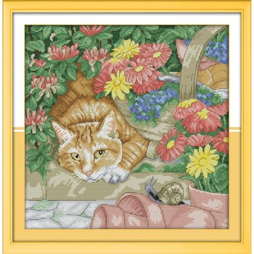 Cats Stamped Cross stitch, 11CT Printed Cross Stitch Kits , Holiday Gift DIY Needlepoint Kits, Easy Patterns Embroidery for Adults Arts and Crafts Home Decor—Cat and snail(11CT) 18.50 ×18.50 inch - color: Cat and snail(11CT) 18.50 ×18.50 inch