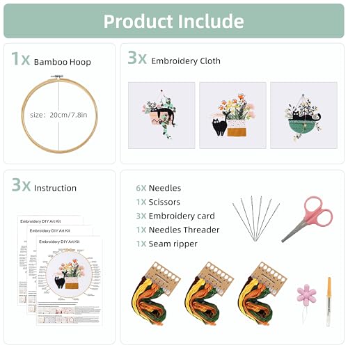 KEKEMEOW 3 Sets Embroidery Kit for Beginners, Stitches with Black Cat and Flowers, Embroidery Stitch Practice kit for Adults Craft Lover, Needlepoint Hand Embroidery Kit with Pattern、Instruction、Hoop - color: Cat&Flower