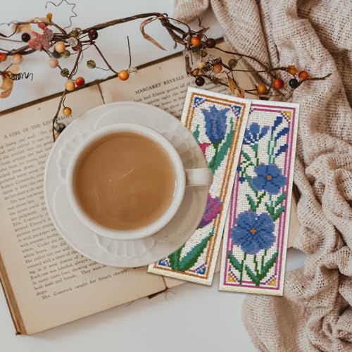 ORIGACH 6 Set Wildflower Floral Cross Stitch Bookmark Kit for Beginner - style: Sunflowers Tulip