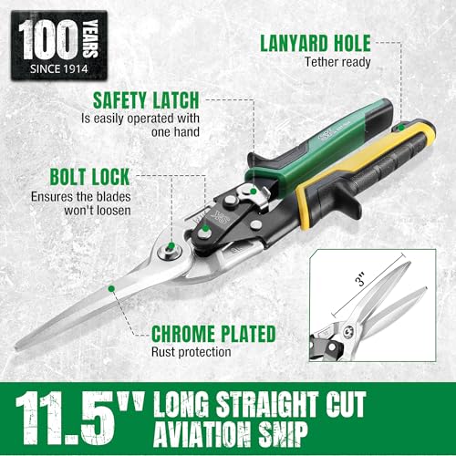SK 11.5-Inch Tin Snips Heavy Duty, Straight Cut Aviation Snips, Cr-Mo Steel - size: 11.5" Straight Cut