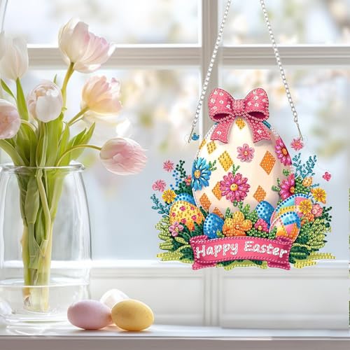 NAIMOER Easter Egg Diamond Art Hanging Kits for Adults, 5D Special Shaped Rhinestone, DIY Acrylic Spring Diamond Art Painting Window Pendants Home Garden Wall Hanging Ornament Kits, Double Sided - color: Easter 04