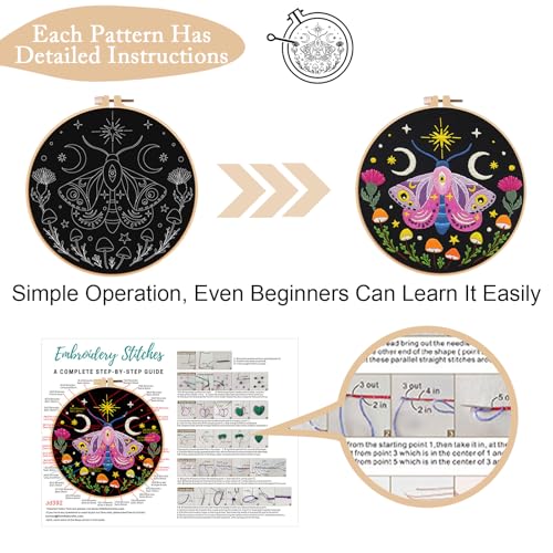 Nuberlic 3 Pack Embroidery Kit for Beginners, Moth and Bee Patterns - color: Moth and Bee