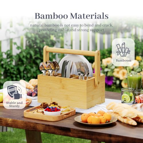 Silverware Caddy with Removable Dividers, Portable Utensil Holder for Party & Picnic, Bamboo Countertop Cutlery Organizer with Handle for Kitchen, RV & Outdoor Events (Natural) - color: Natural
