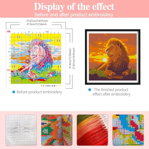 Zhenqing Majestic Lion Stamped Cross Stitch Kit for Beginners, 11CT Printed Full Coverage Sunset Wildlife Animal Pattern, 38 x 38 cm DIY Embroidery Needlework Set, No Hoop Needed - color: Majestic Lion