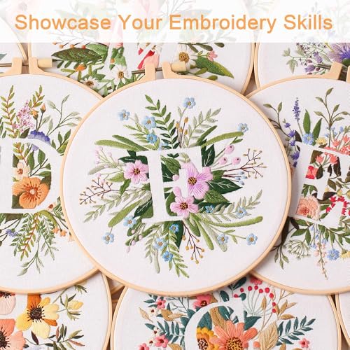 Harimau Letter F Pattern Embroidery Kit for Adult Beginners, Complete Starter Pack with 1 Hoop, Needles, Instruction Guide & Embroidery Stitch Video Tutorials - color: F